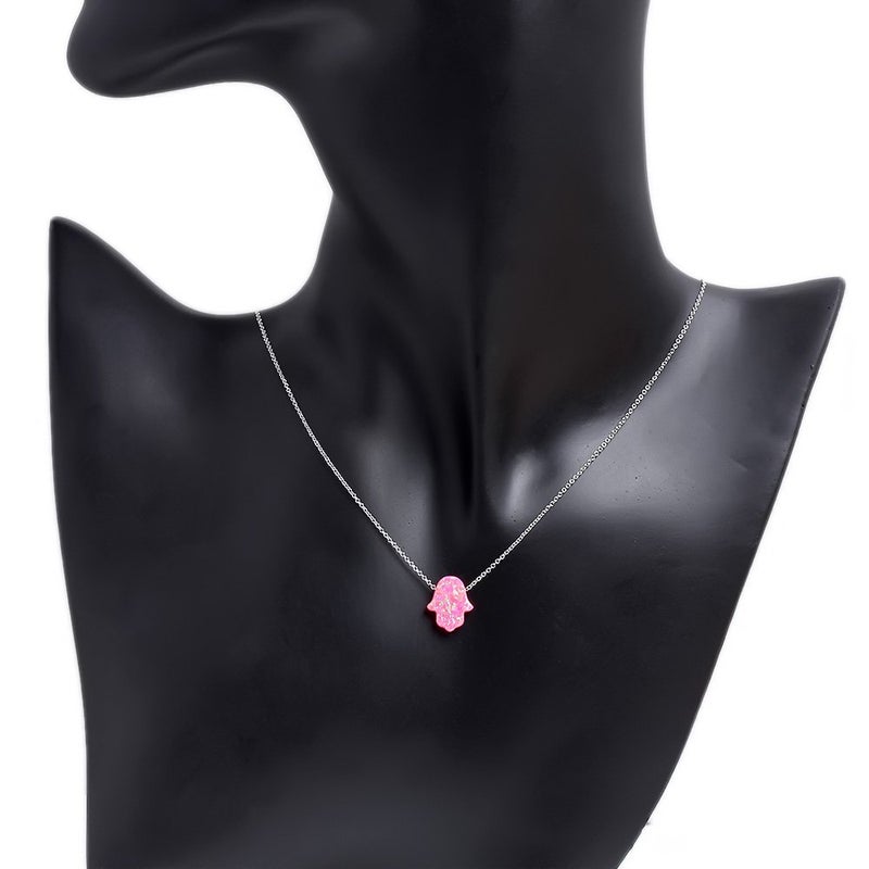 Kaletine Hamsa Hand of Fatima Necklace Sterling Silver Pink Synthetic Opal Pendant 11x13mm Cable Chain 16"/17"/18" - Image 4